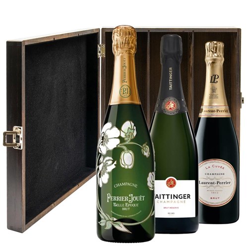 The Premium Collection Treble Elm Wood Gift Boxed Champagne (3x75cl)